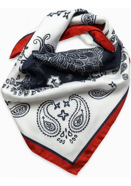 Lacivert ve Kırmızı Kenarlı Paisley Desenli Kare Fular