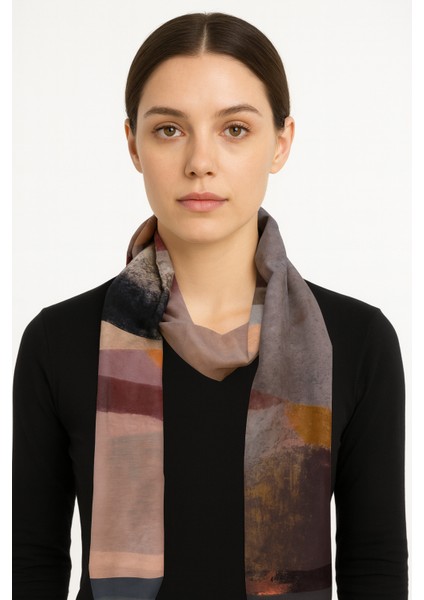 Toprak Tonlarında Soyut Desenli Ince Şal