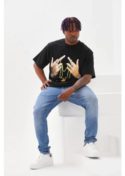 Unisex Baskılı Oversize T-Shirt - Siyah modelleri