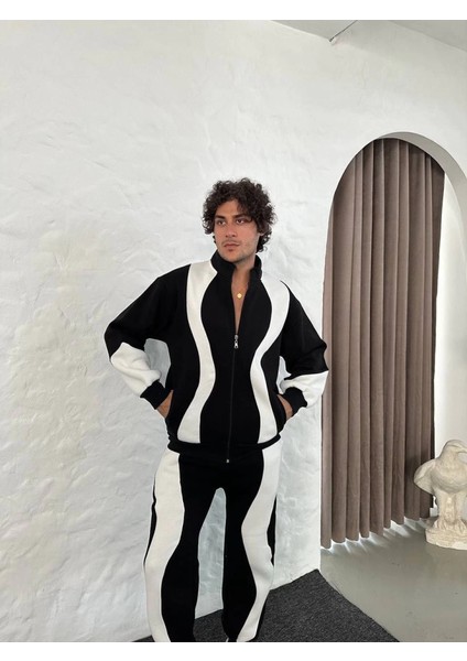 Erkek Premium Parçalı Eşofman Takım - Dik Yaka Fermuarlı Sweatshirt, - Siyah