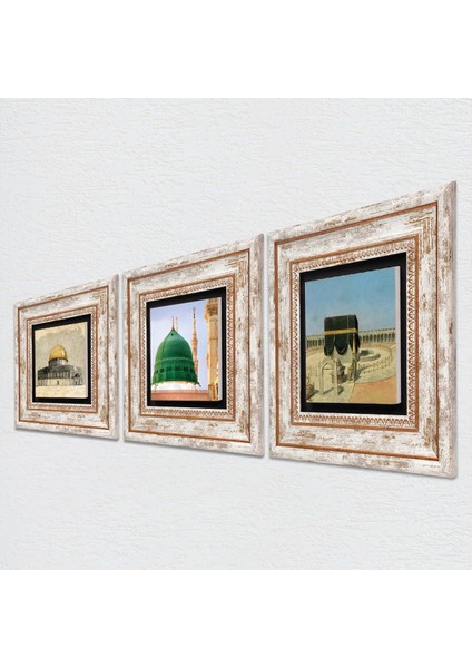 Kabe-I Muazzama, Mescid-I Aksa, Ravza-I Mutahhara Taş Duvar Tablosu - Çerçeveli Taş Tablo - Dekoratif Duvar Sanatı - Modern Ev ve Ofis Duvar Dekoru T3-1894