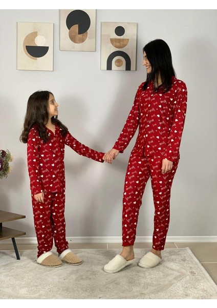 Anne Kız Kombin Önden Düğmeli Bebe Yaka %100 Pamuk Love Desenli P fırsatları