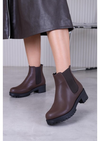 JUSTİN MODEL 3 TABANLI LASTİK DETAYLI KISA BOT KAHVE