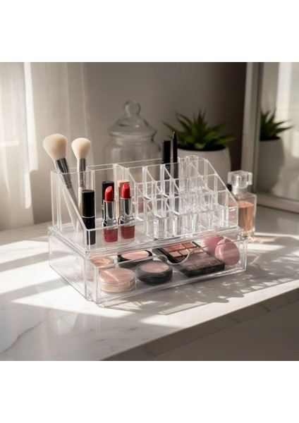 Deconox 17 Bölmeli Şeffaf Akrilik Makyaj Düzenleyici - Tek Çekmeceli Kozmetik Organizeri | Ruj, Fırça, Fondöten, Palet Saklama Kutusu (23X14X14 Cm) modelleri