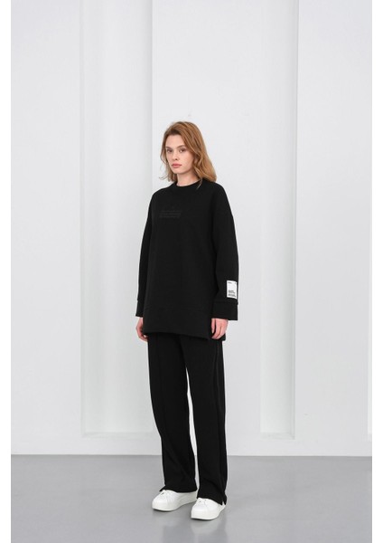 Siyah Kadın Pike Dokulu Nakış Detaylı Yırtmaçlı Oversize Bol Paça Alt-Üst Takım fiyatları