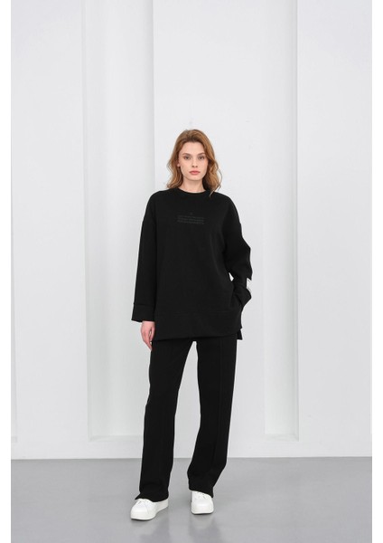 Siyah Kadın Pike Dokulu Nakış Detaylı Yırtmaçlı Oversize Bol Paça Alt-Üst Takım fırsatları