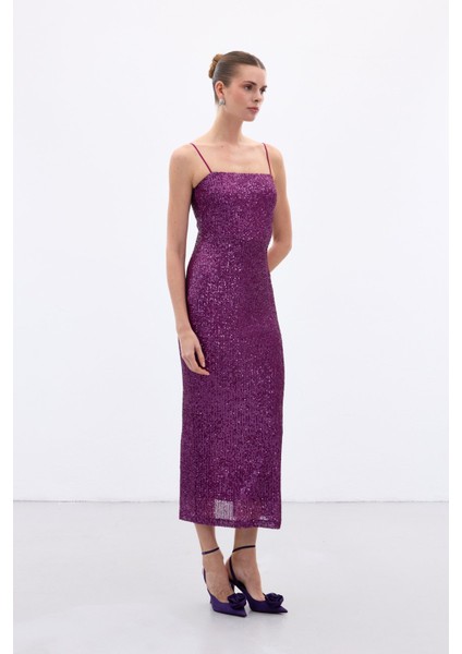 Askılı Uzun Payet Elbise - Mürdüm