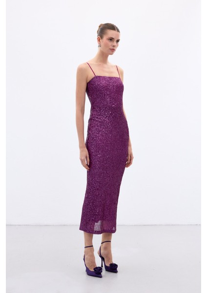 Askılı Uzun Payet Elbise - Mürdüm modelleri