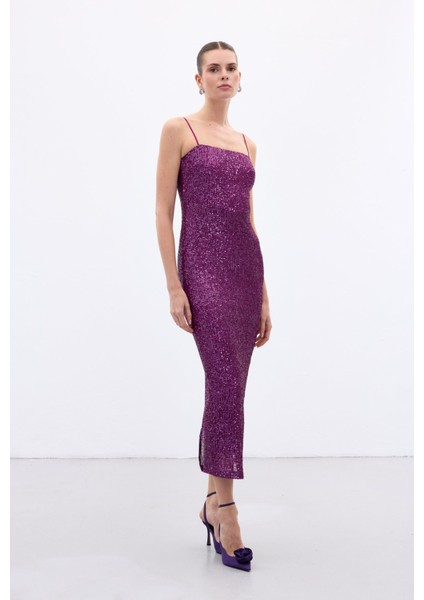 Askılı Uzun Payet Elbise - Mürdüm fırsatları