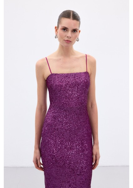 Askılı Uzun Payet Elbise - Mürdüm