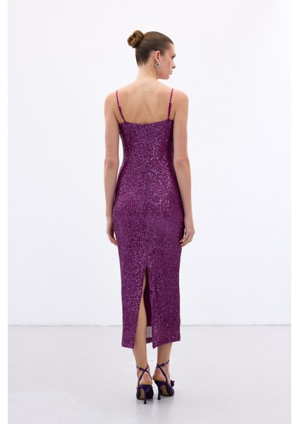 Askılı Uzun Payet Elbise - Mürdüm