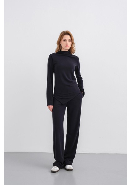 Koyu Lacivert Kadın Yumuşak Dokulu Premium Modal Balıkçı Yaka Asimetrik Kesim Alt-Üst Takım