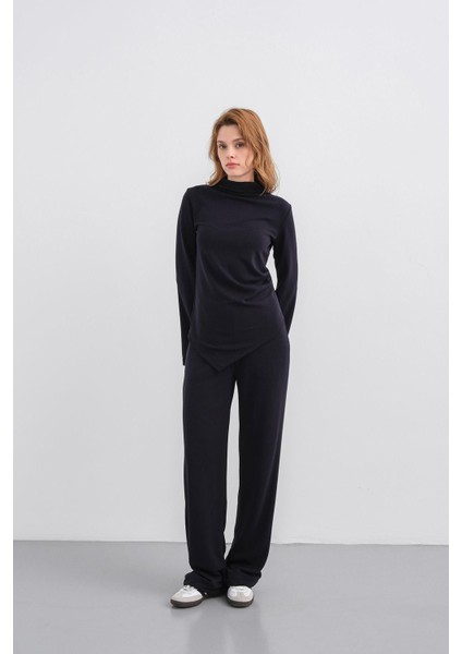 Koyu Lacivert Kadın Yumuşak Dokulu Premium Modal Balıkçı Yaka Asimetrik Kesim Alt-Üst Takım modelleri