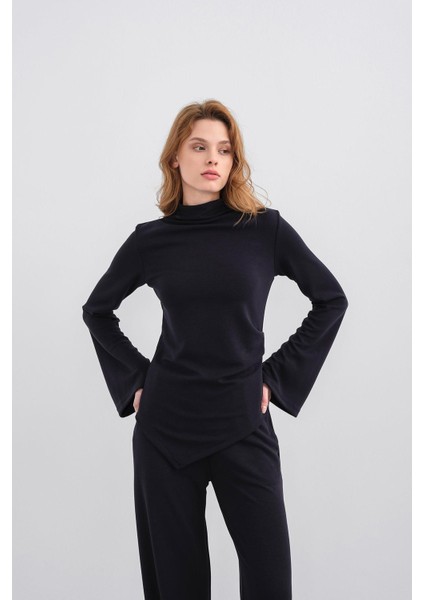 Koyu Lacivert Kadın Yumuşak Dokulu Premium Modal Balıkçı Yaka Asimetrik Kesim Alt-Üst Takım indirimleri