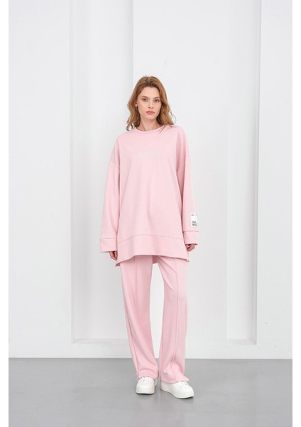 Pembe Kadın Pike Dokulu Nakış Detaylı Yırtmaçlı Oversize Bol Paça Alt-Üst Takım