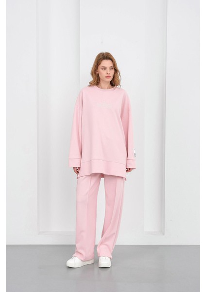 Pembe Kadın Pike Dokulu Nakış Detaylı Yırtmaçlı Oversize Bol Paça Alt-Üst Takım fiyatları