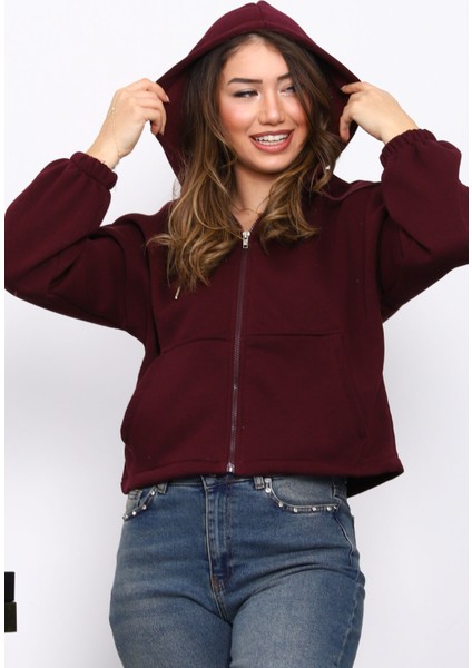 Mürdüm Sağ Kol Fermuarlı Cepli Üç Iplik Sweat Hırka