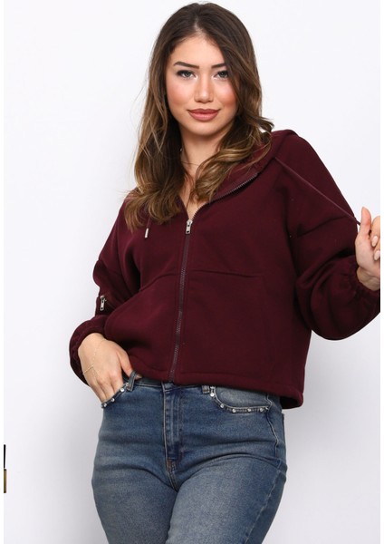 Mürdüm Sağ Kol Fermuarlı Cepli Üç Iplik Sweat Hırka modelleri