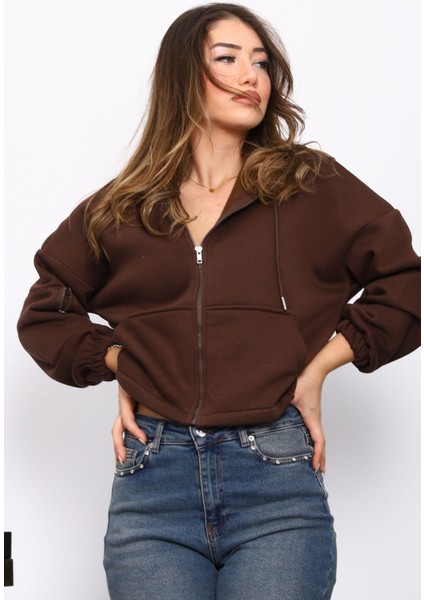 Kahverengi Sağ Kol Fermuarlı Cepli Üç Iplik Sweat Hırka
