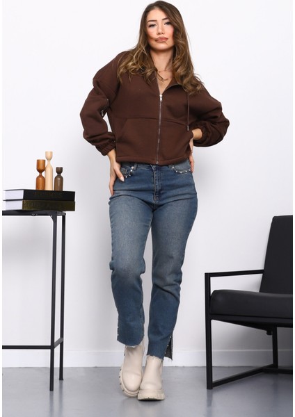 Kahverengi Sağ Kol Fermuarlı Cepli Üç Iplik Sweat Hırka fiyatları