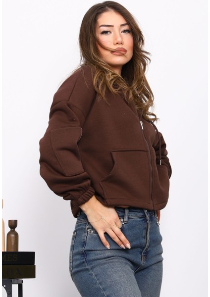 Kahverengi Sağ Kol Fermuarlı Cepli Üç Iplik Sweat Hırka fırsatları