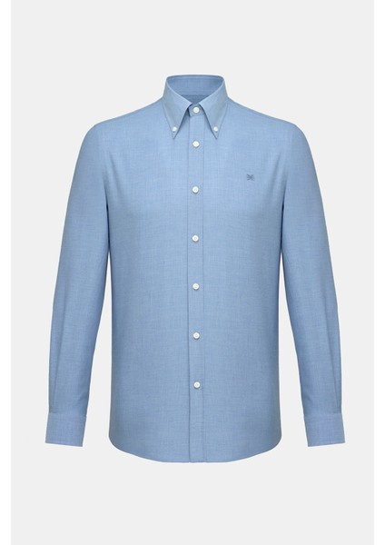 Erkek Indigo Cooper Fit Düğmeli Yaka Flannel Spor Gömlek