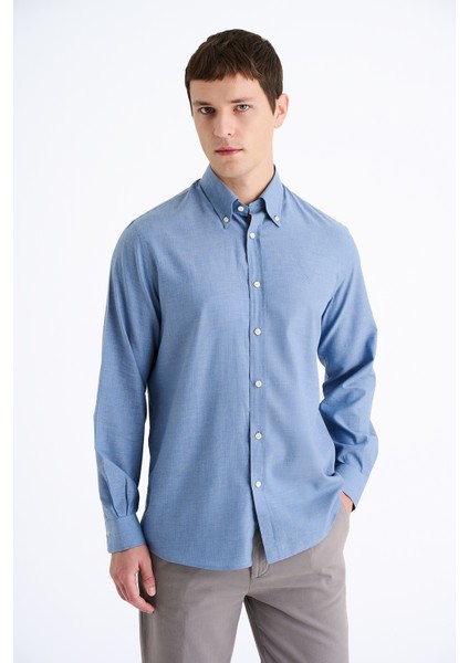 Erkek Indigo Cooper Fit Düğmeli Yaka Flannel Spor Gömlek modelleri