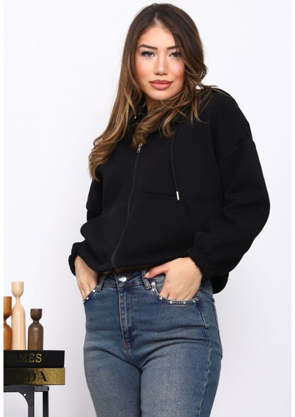 Siyah Sağ Kol Fermuarlı Cepli Üç Iplik Sweat Hırka
