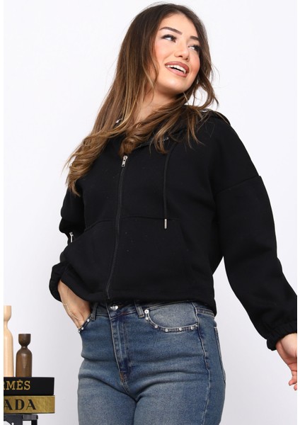 Siyah Sağ Kol Fermuarlı Cepli Üç Iplik Sweat Hırka modelleri