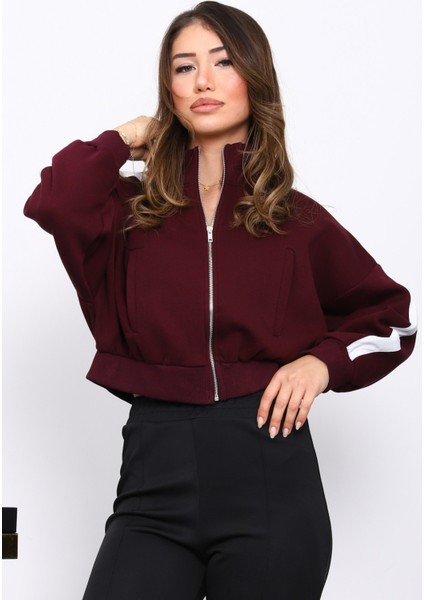 Mürdüm Fermuarlı Üç Iplik Sweat Hırka