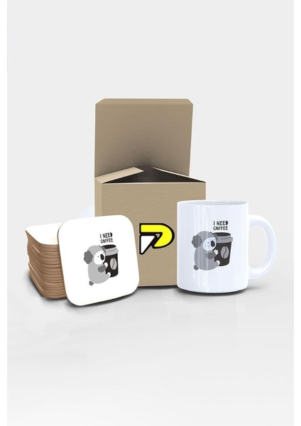 I Coffee Tembel Koala Tasarımlı Baskılı Kupa Bardak Seti, Eğlenceli Özel Hediye Mug