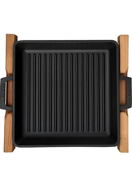 Metal Döküm Izgara Tava, Metal Kulplu, Ahşap Standlı, 26X26 cm