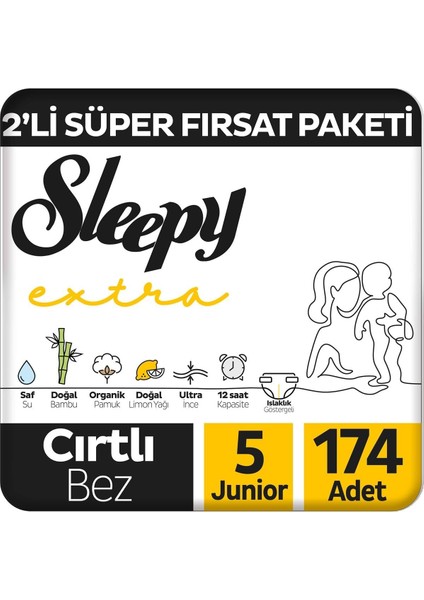 Sleepy Extra Günlük Aktivite 2&apos;li Fırsat Paketi Bebek Bezi 5 Numara Junior 174 Adet