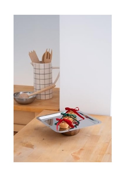 & Ahşap Ayaklı Metal Kare Servis/sunum Tepsi