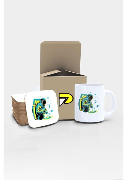 Astronot Barista Uzay Tasarımlı Baskılı Kupa Bardak Seti, Eğlenceli Özel Hediye Mug