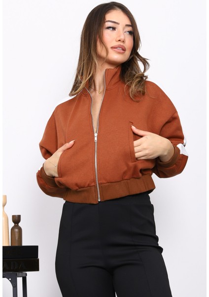 Taba Fermuarlı Üç Iplik Sweat Hırka