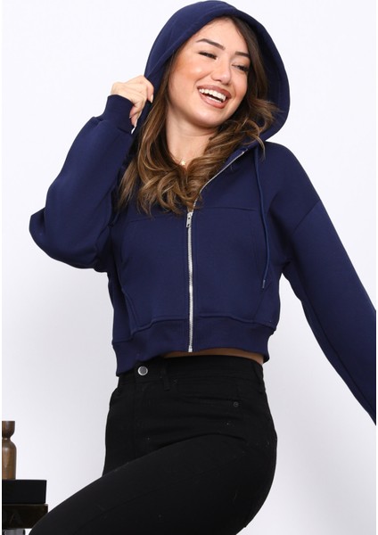 Lacivert Kısa Kanguru Cepli Fermuarlı Üç Iplik Sweat Hırka