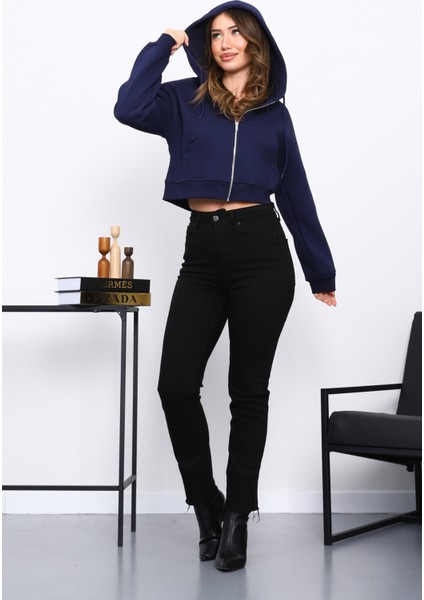 Lacivert Kısa Kanguru Cepli Fermuarlı Üç Iplik Sweat Hırka fiyatları