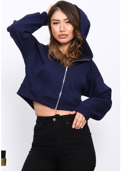 Lacivert Kısa Kanguru Cepli Fermuarlı Üç Iplik Sweat Hırka modelleri
