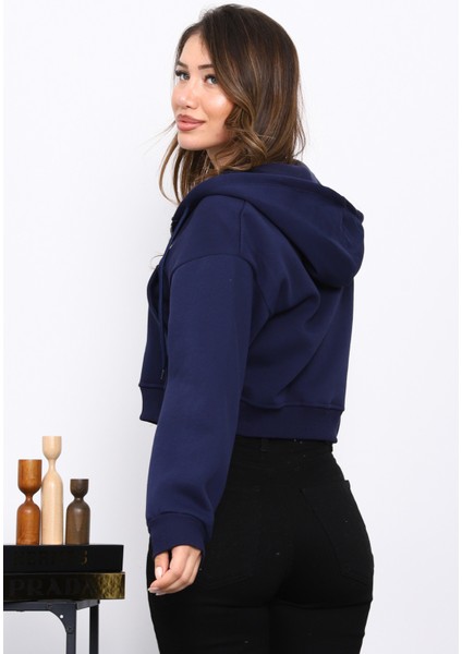 Lacivert Kısa Kanguru Cepli Fermuarlı Üç Iplik Sweat Hırka fırsatları