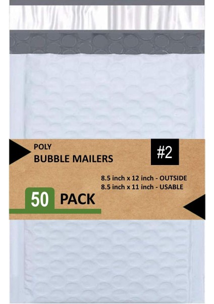 #2 Poly Bubble Mailers 20,5 x 30,5 cm Dolgulu Zarf Postası Su Geçirmez 50&apos;li Paket (PBM8512-50), Beyaz modelleri