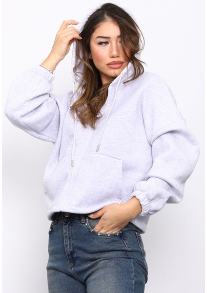 Gri Sağ Kol Fermuarlı Cepli Üç Iplik Sweat Hırka