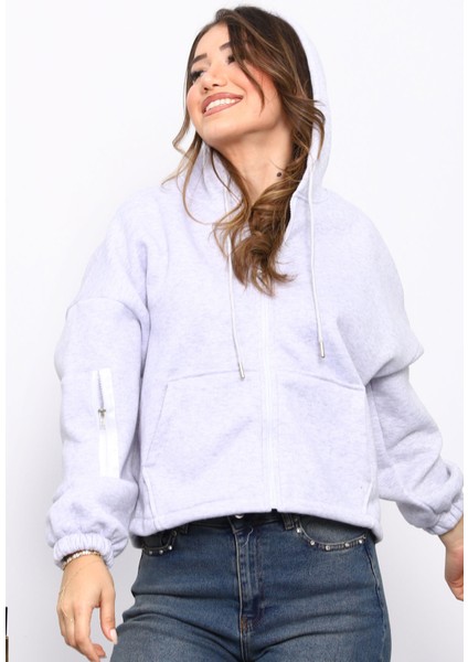 Gri Sağ Kol Fermuarlı Cepli Üç Iplik Sweat Hırka modelleri