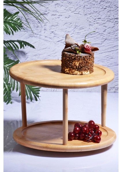 Porselen Diyarı Bambu Döner Stantlı 2 Katlı Sunumluk, Organizer - 360 Derece Döner Ikramlık Bambu