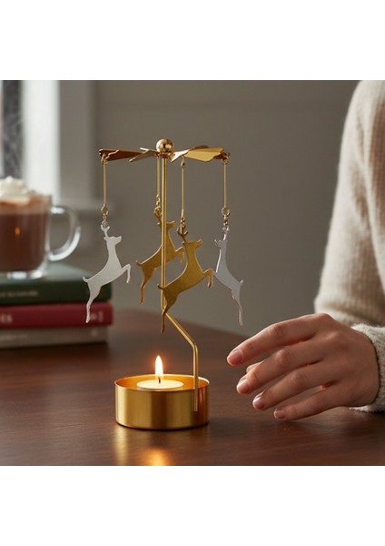 Dekoratif Metal Isı ile Dönen Geyik ve Yavrusu Tasarımlı Mumluk