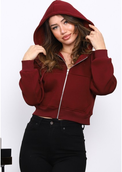 Bordo Kısa Kanguru Cepli Fermuarlı Üç Iplik Sweat Hırka