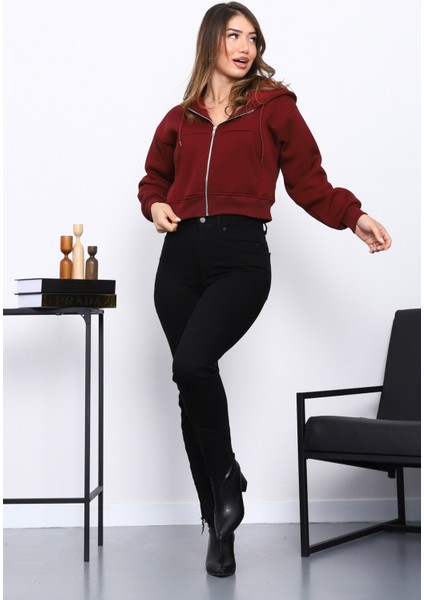 Bordo Kısa Kanguru Cepli Fermuarlı Üç Iplik Sweat Hırka fiyatları