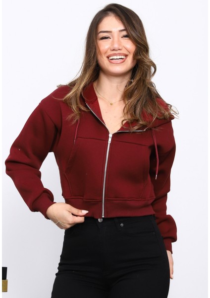 Bordo Kısa Kanguru Cepli Fermuarlı Üç Iplik Sweat Hırka modelleri