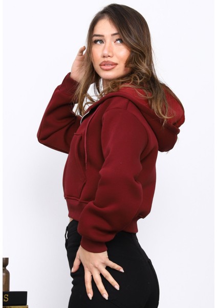 Bordo Kısa Kanguru Cepli Fermuarlı Üç Iplik Sweat Hırka fırsatları