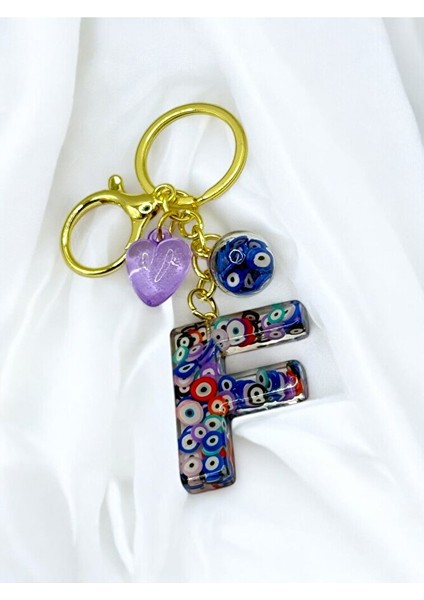 Renkli Nazar Boncuklu F Harfi Anahtarlık, El Yapımı Hediyelik Çanta Süsü
